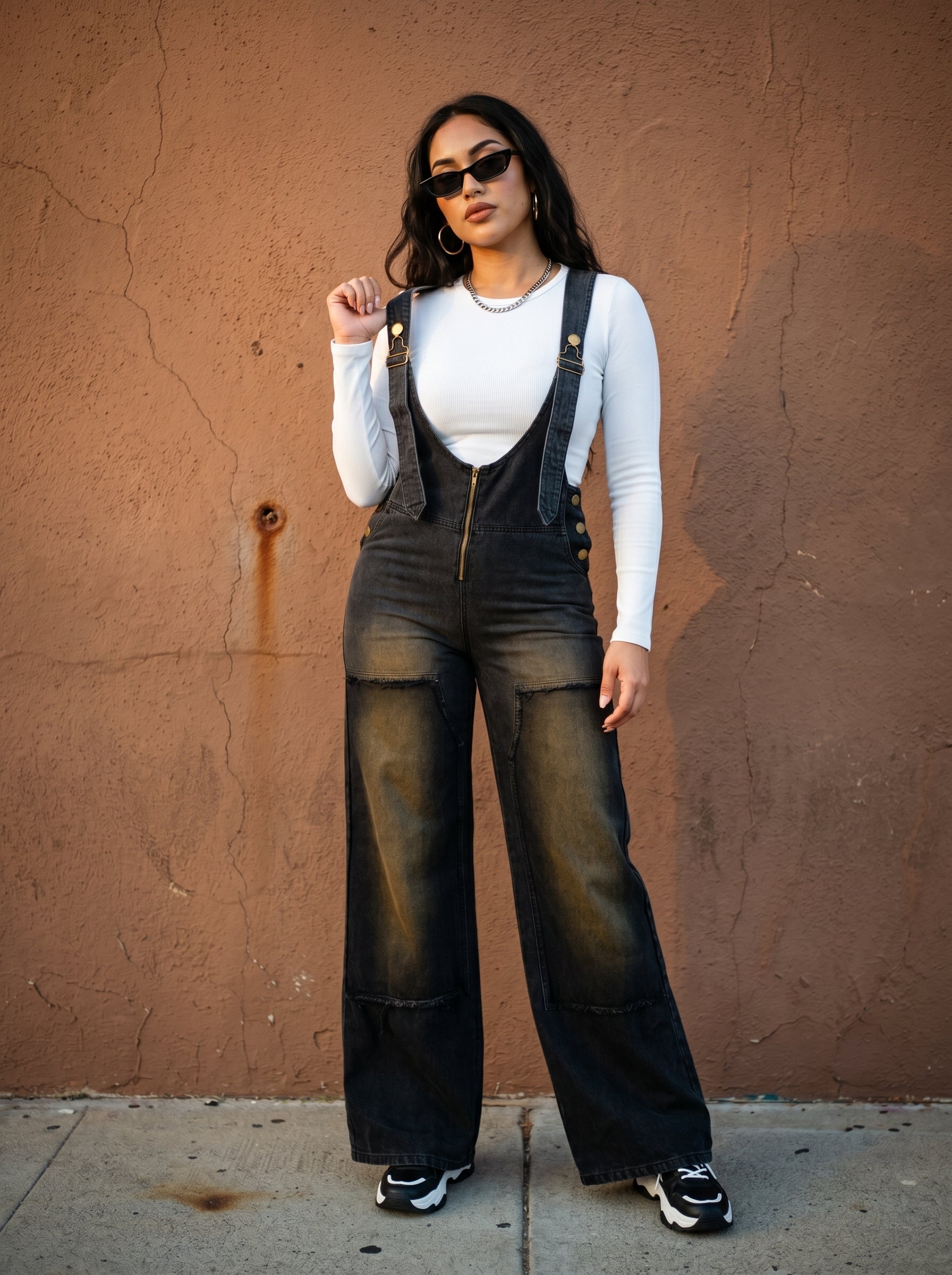 Dark Wash Wide-Leg Denim Overalls with Gold Hardware & Cargo Pockets