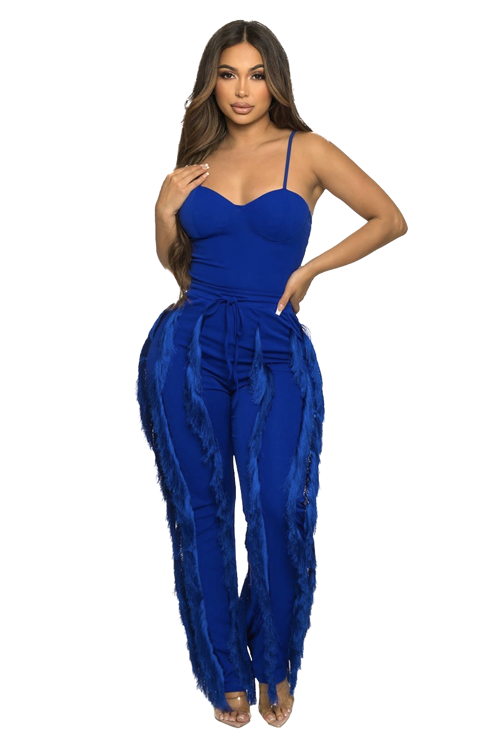 Sweetheart Bodysuit & Diagonal Fringe Wide-Leg Pants Set – Khaki