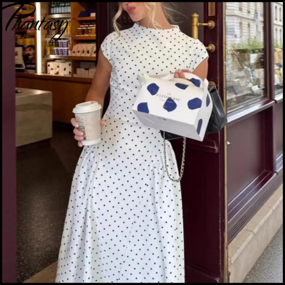 Polka Dot Round Neck Cap Sleeve Corset Waist A-Line Pleated Midi Dress