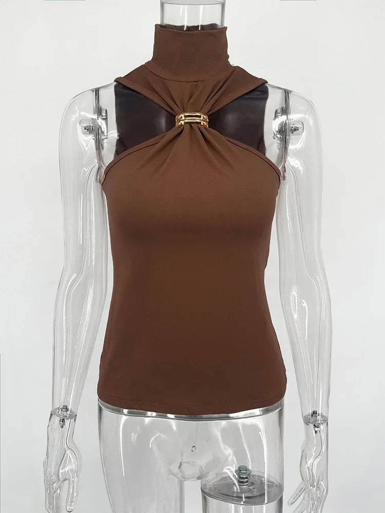 Mock Turtleneck Crossover Halter Tank Top with Gold Ring Detail