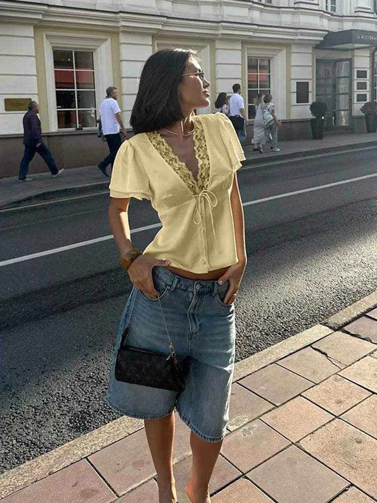 Satin Lace-Trim V-Neck Button-Front Crop Top