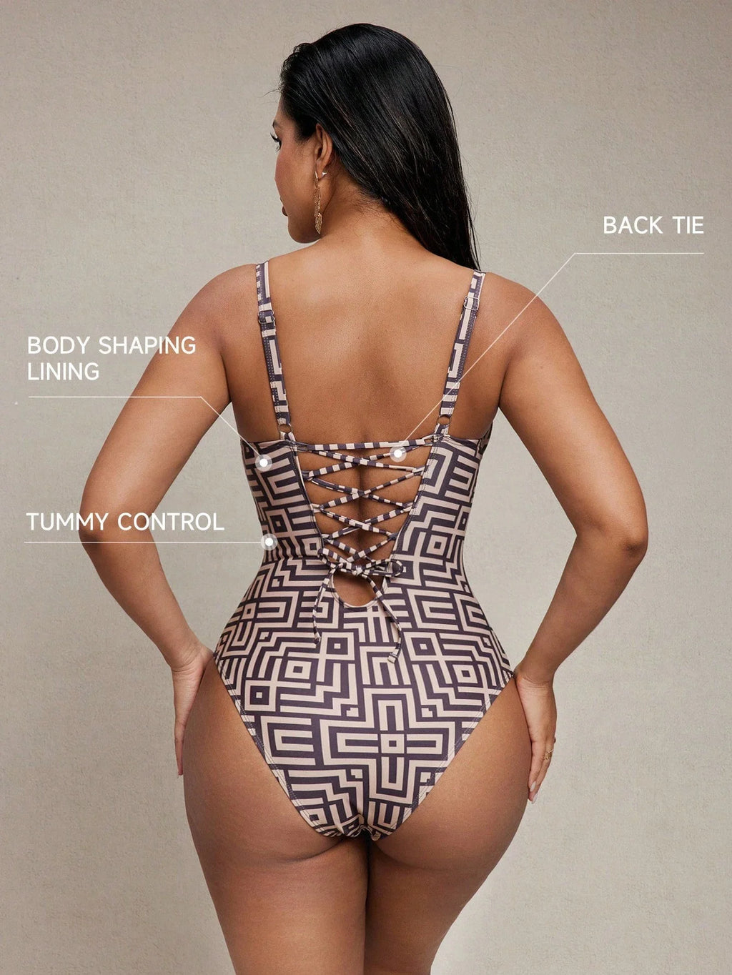 Daxiyee Coffee Geometry Lace-Up Swimsuit