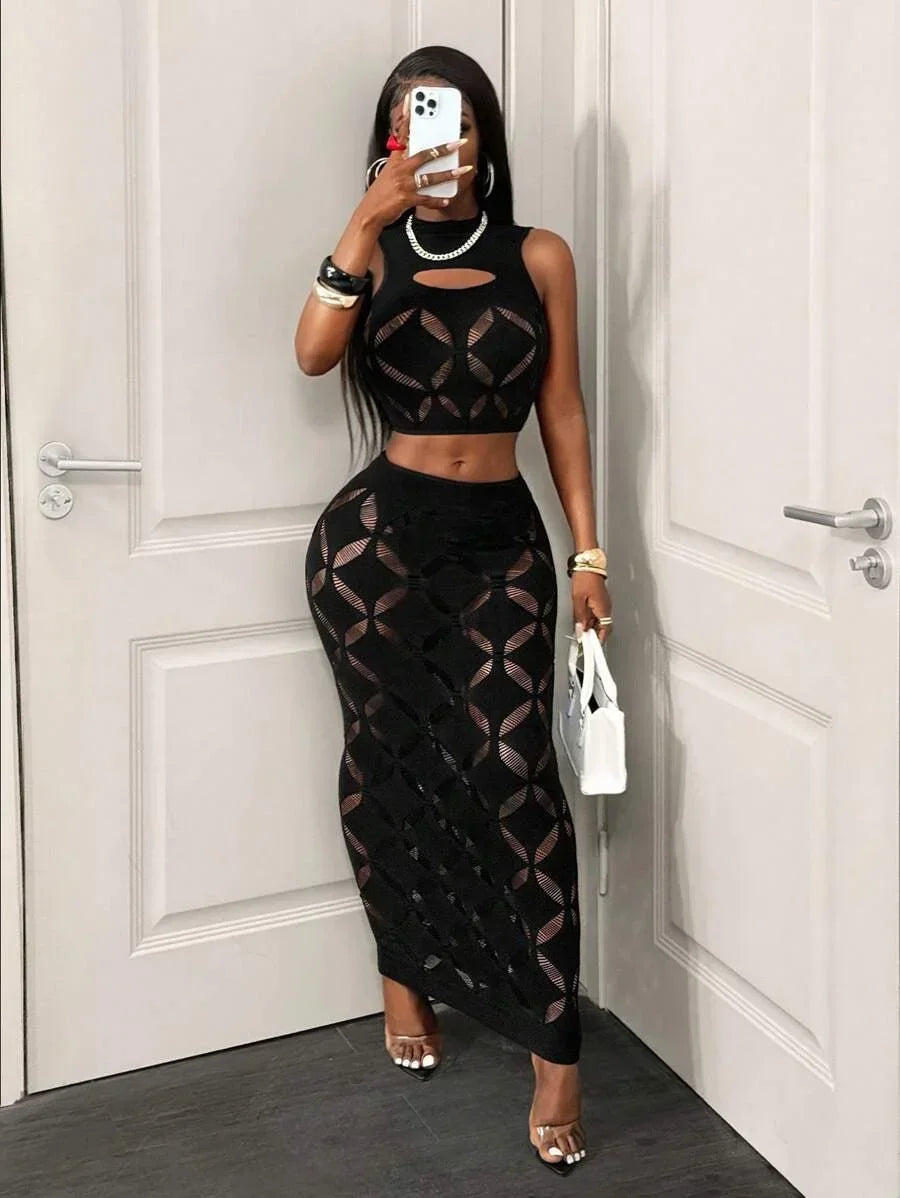 The Plus Size Mesh Hollow Out Mini Skirt Set