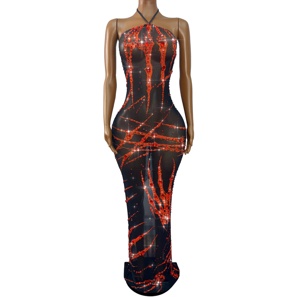 The Crimson Spotlight Rhinestone Halter Gown