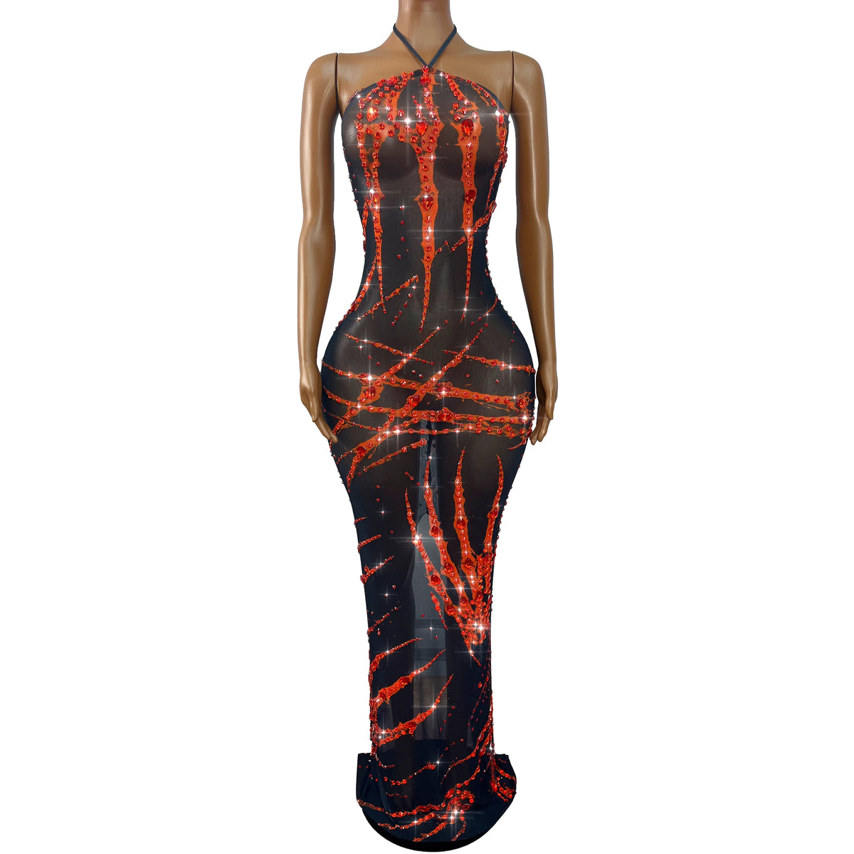The Crimson Spotlight Rhinestone Halter Gown