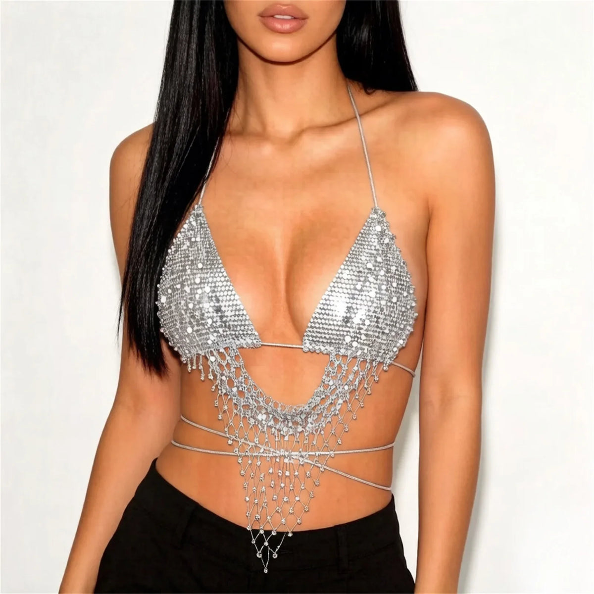 The Glitter Rhinestone Tassel Halter Top