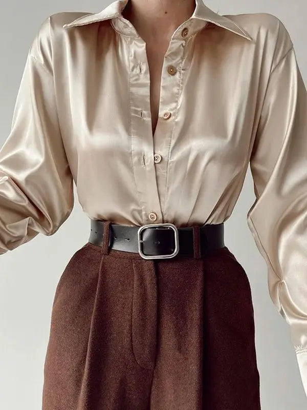 Satin Polo Collar Button-Up Blouse | Loose Fit Office Shirt