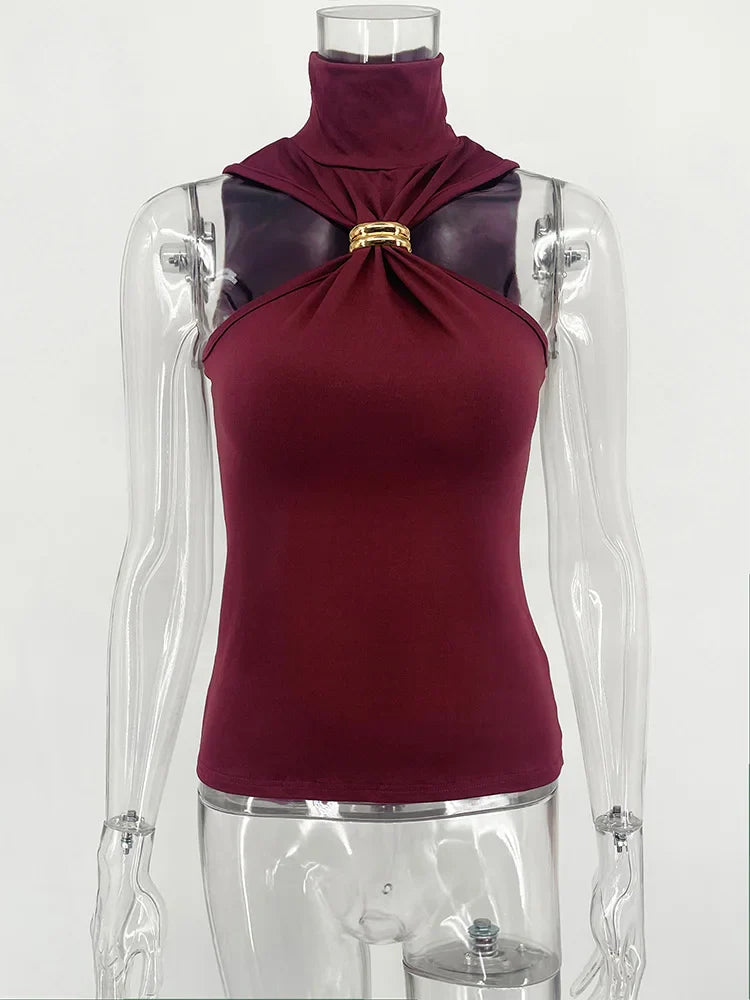 Mock Turtleneck Crossover Halter Tank Top with Gold Ring Detail