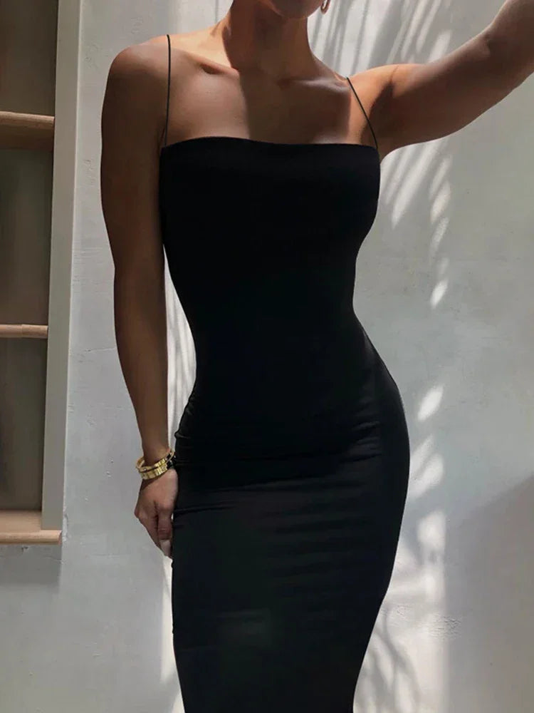 Square Neck Spaghetti Strap Backless Bodycon Maxi Dress