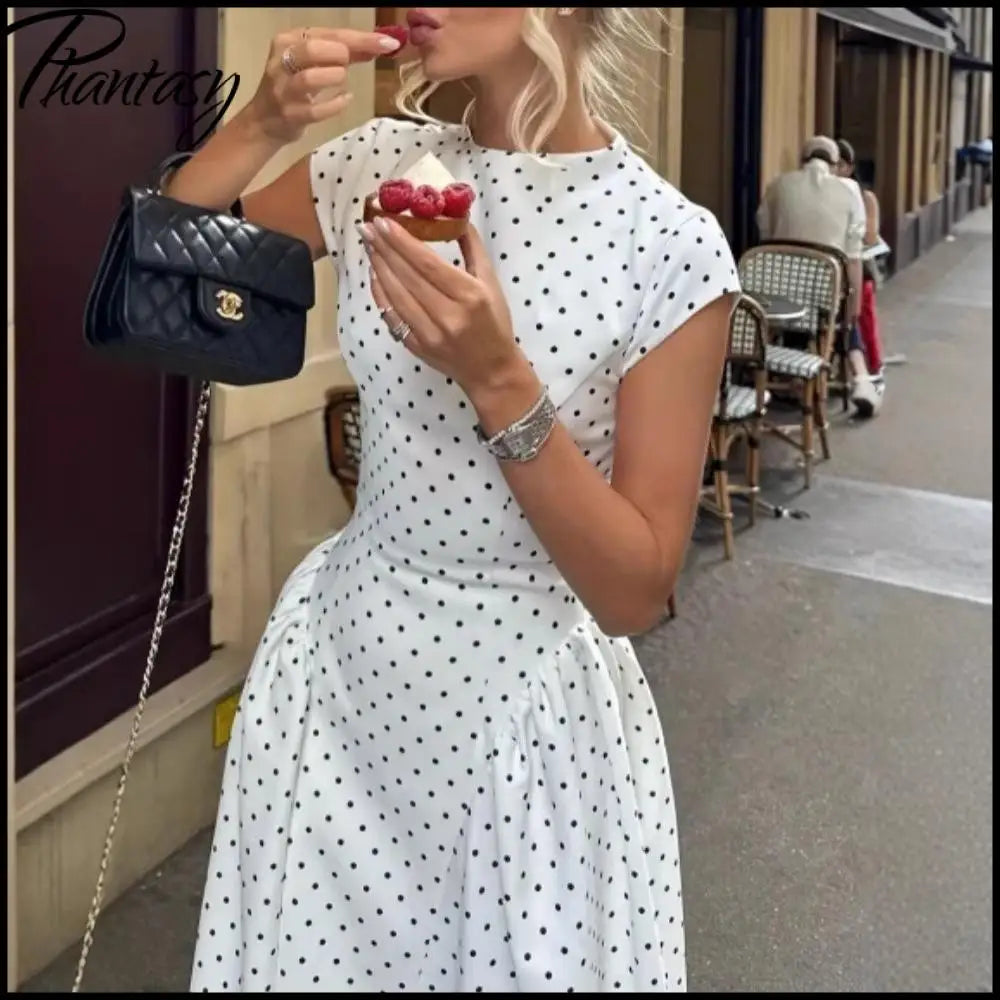 Polka Dot Round Neck Cap Sleeve Corset Waist A-Line Pleated Midi Dress