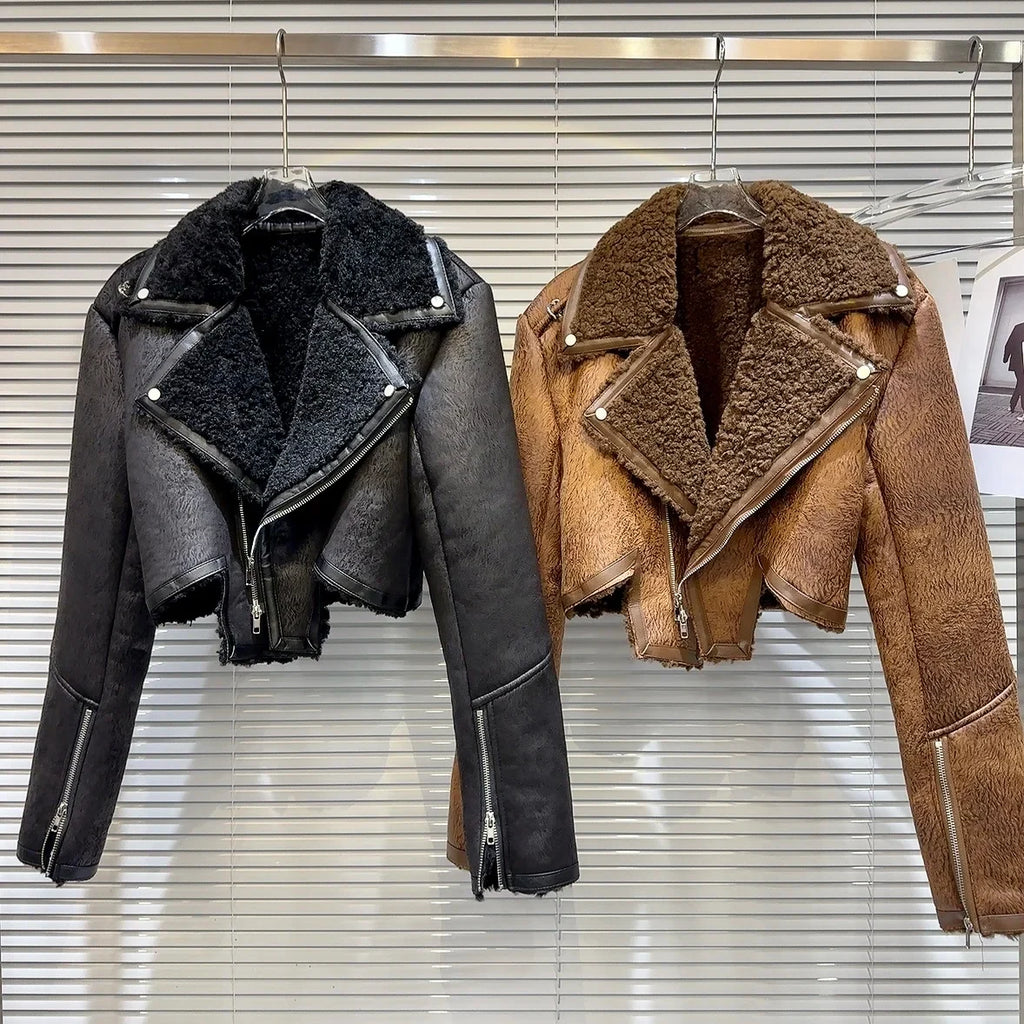 The Uptown Rebel Plush-Trim Moto Jacket