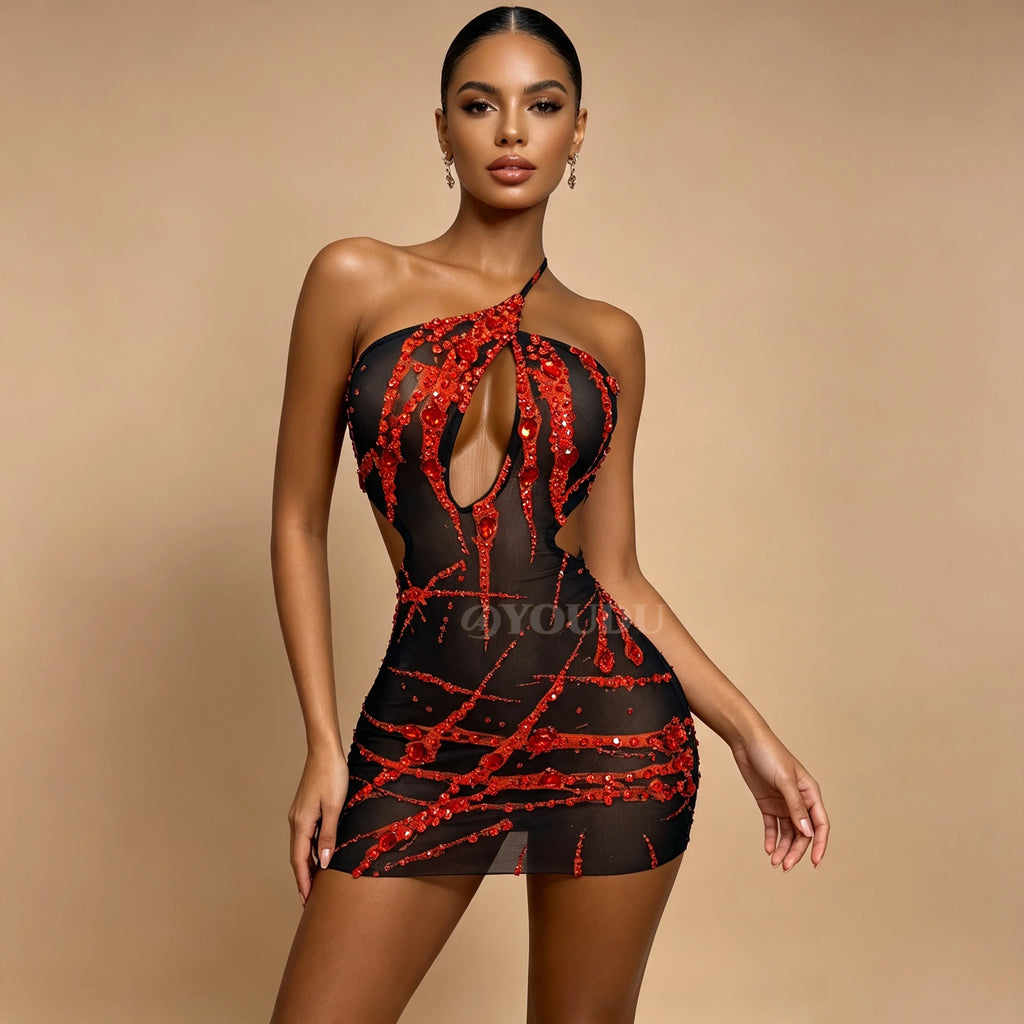 The Crimson Flame Rhinestone Mini Dress