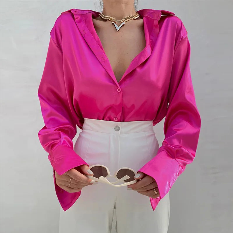 Satin Polo Collar Button-Up Blouse | Loose Fit Office Shirt