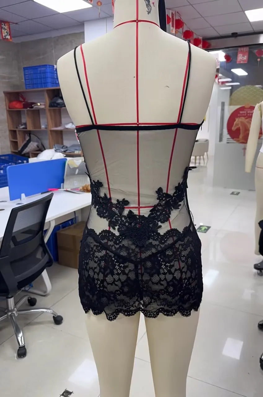 The Sheer Lace Bodycon Slip & Thong Set