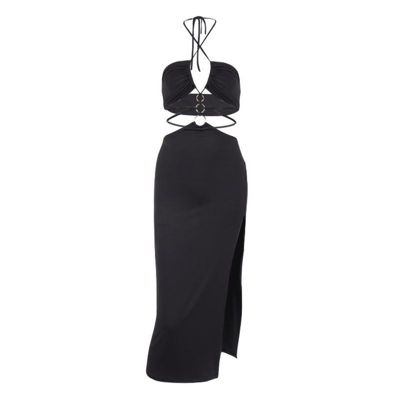 Halter Neck Cutout Lace-Up Ring-Detail High-Slit Maxi Dress