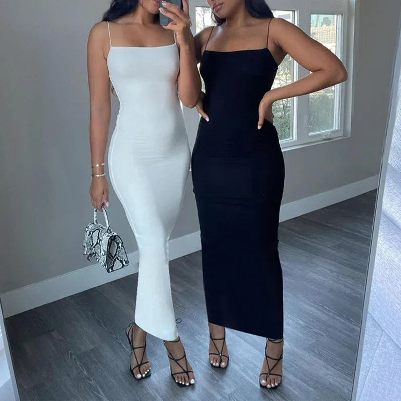 Square Neck Spaghetti Strap Backless Bodycon Maxi Dress