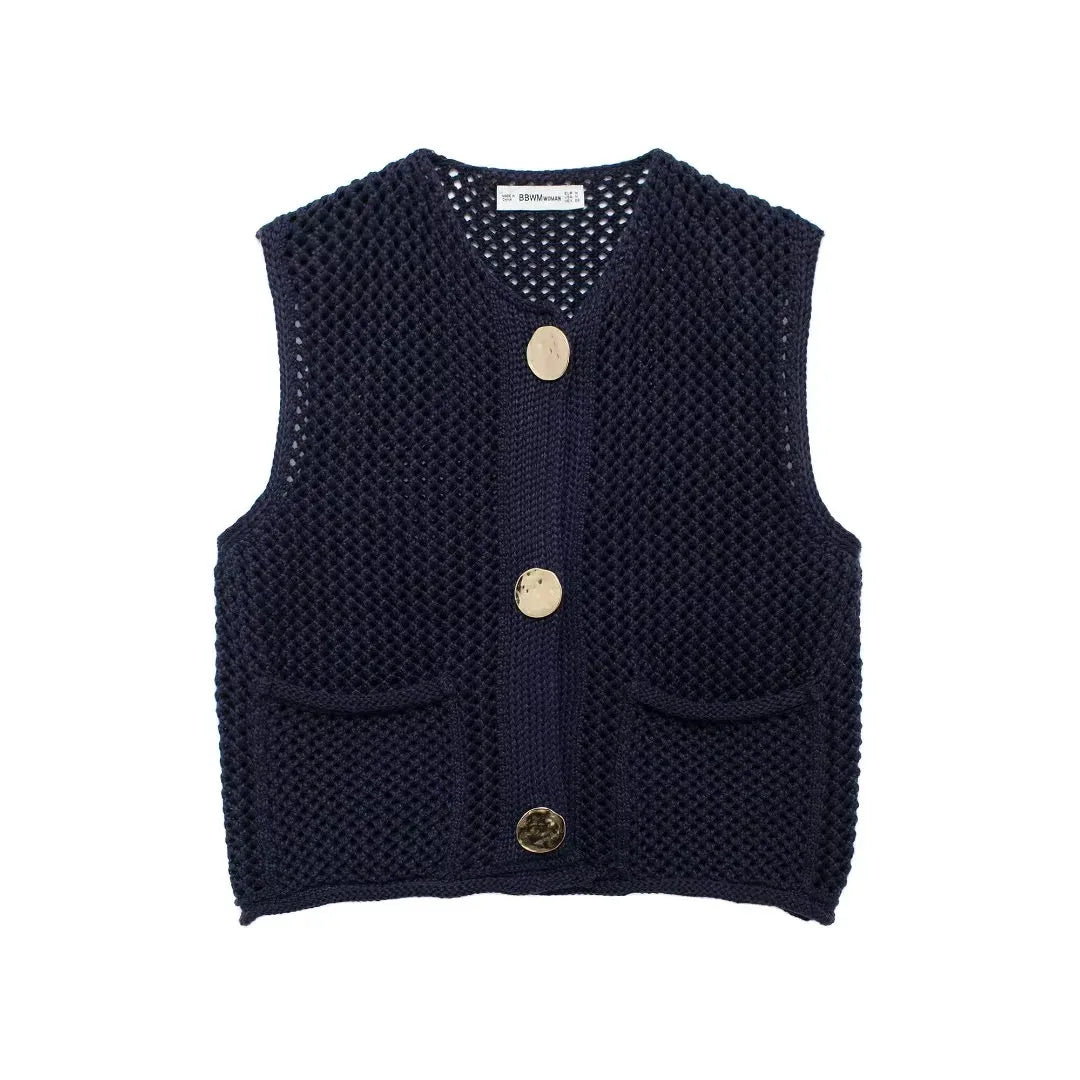 Open-Knit Crochet Button-Front Vest with Gold Buttons & Patch Pockets
