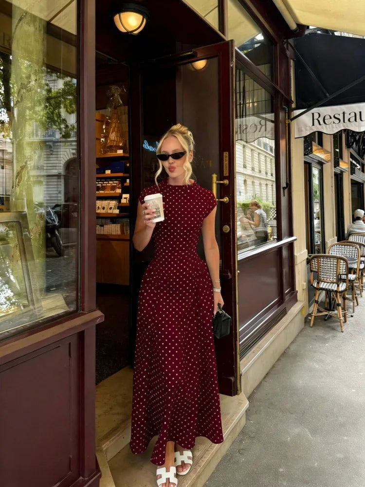 Polka Dot Round Neck Cap Sleeve Corset Waist A-Line Pleated Midi Dress