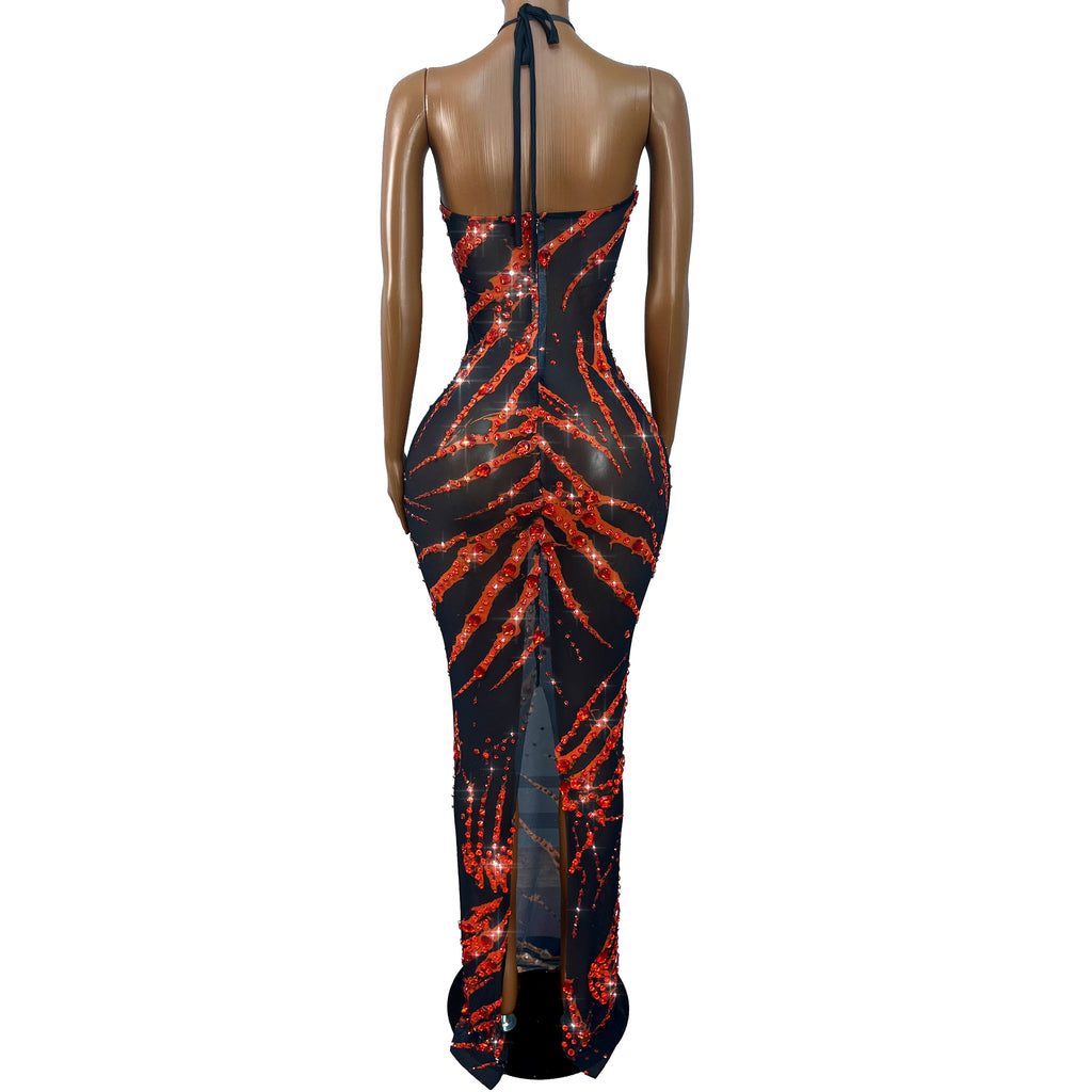 The Crimson Spotlight Rhinestone Halter Gown