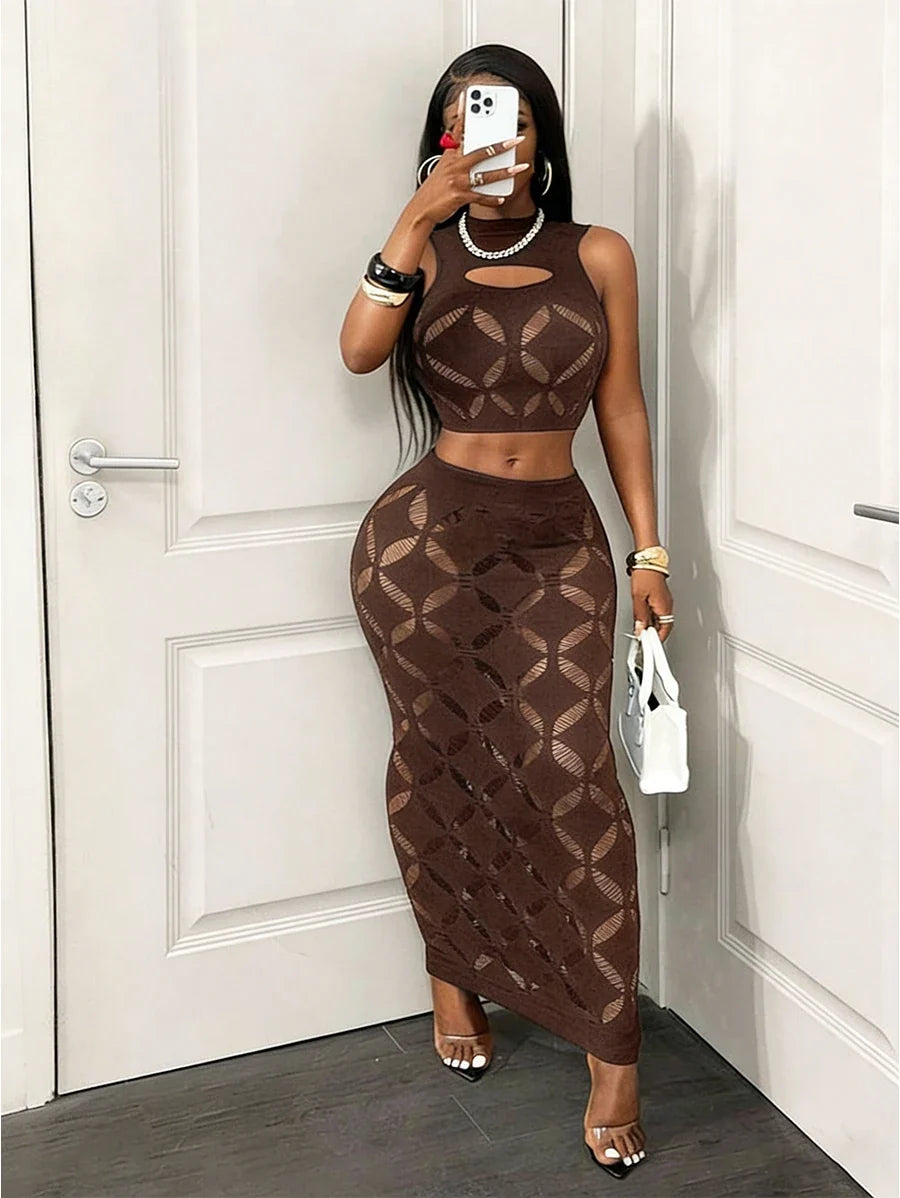 The Plus Size Mesh Hollow Out Mini Skirt Set