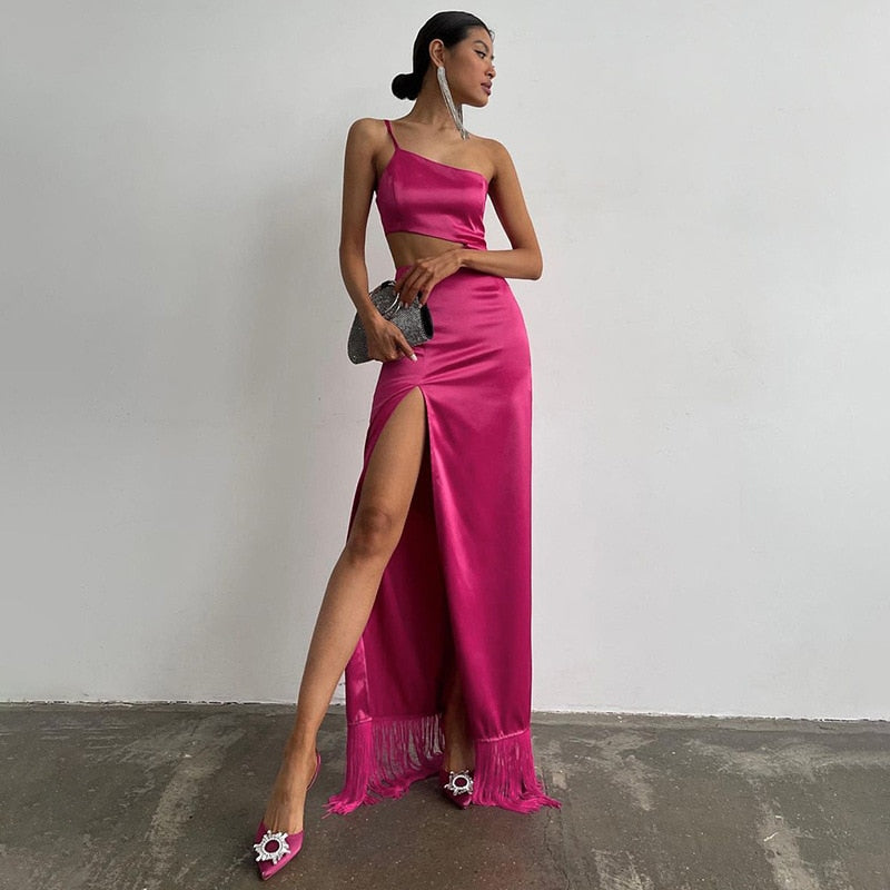 The Fringe Finale Satin Cutout Dress
