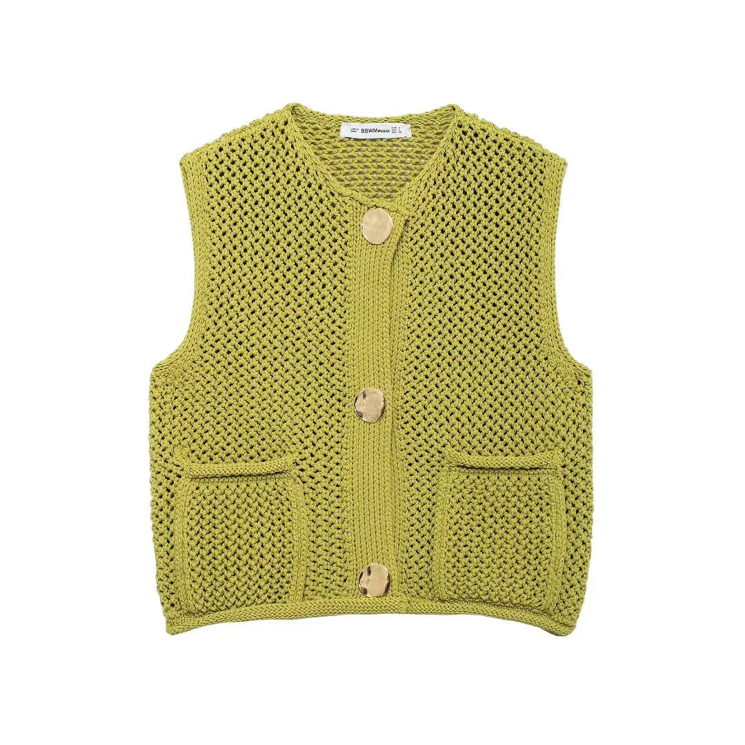 Open-Knit Crochet Button-Front Vest with Gold Buttons & Patch Pockets
