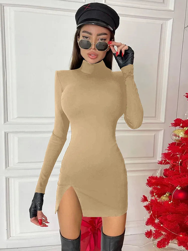 Turtleneck Long-Sleeve Bodycon Mini Dress