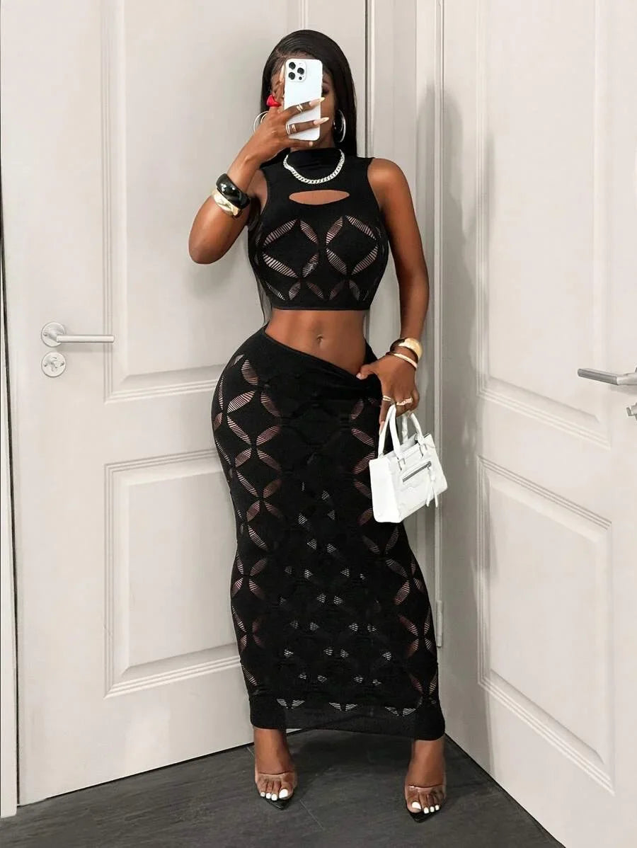 The Plus Size Mesh Hollow Out Mini Skirt Set