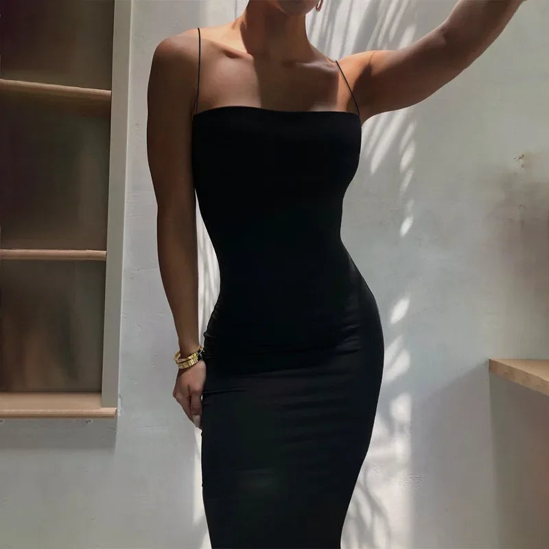 Square Neck Spaghetti Strap Backless Bodycon Maxi Dress