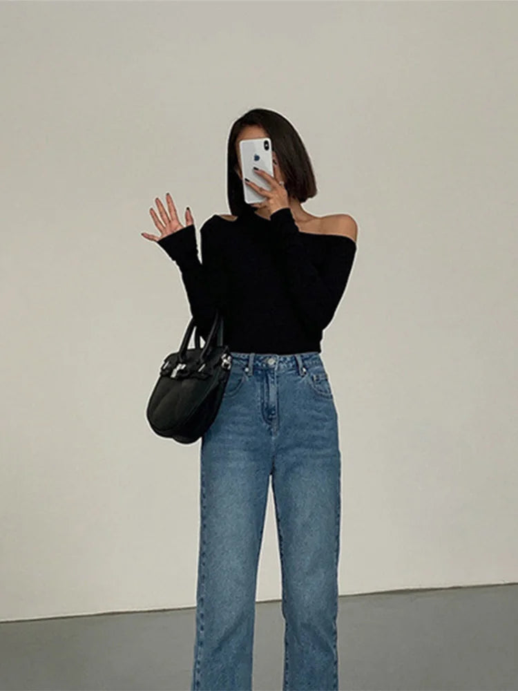 Off-Shoulder Long-Sleeve Knit Crop Top