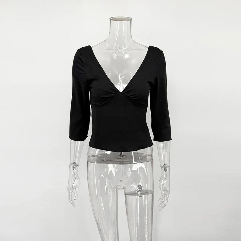 Deep V-Neck Ruched Bust Crop Top with Three-Quarter Sleeves