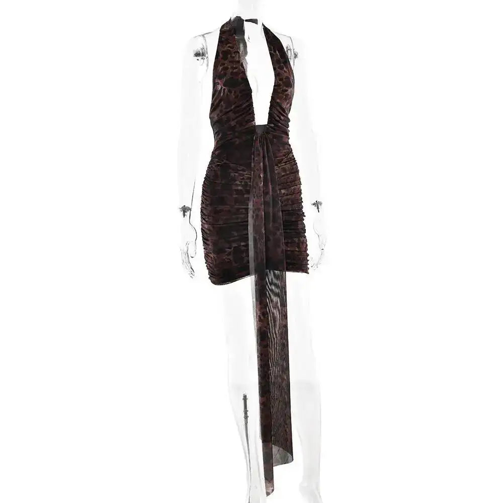 The Leopard Print Halter Pleated Mini Dress
