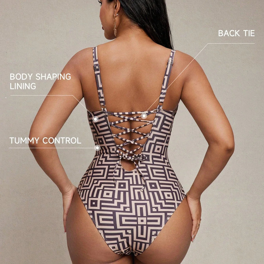 Daxiyee Coffee Geometry Lace-Up Swimsuit
