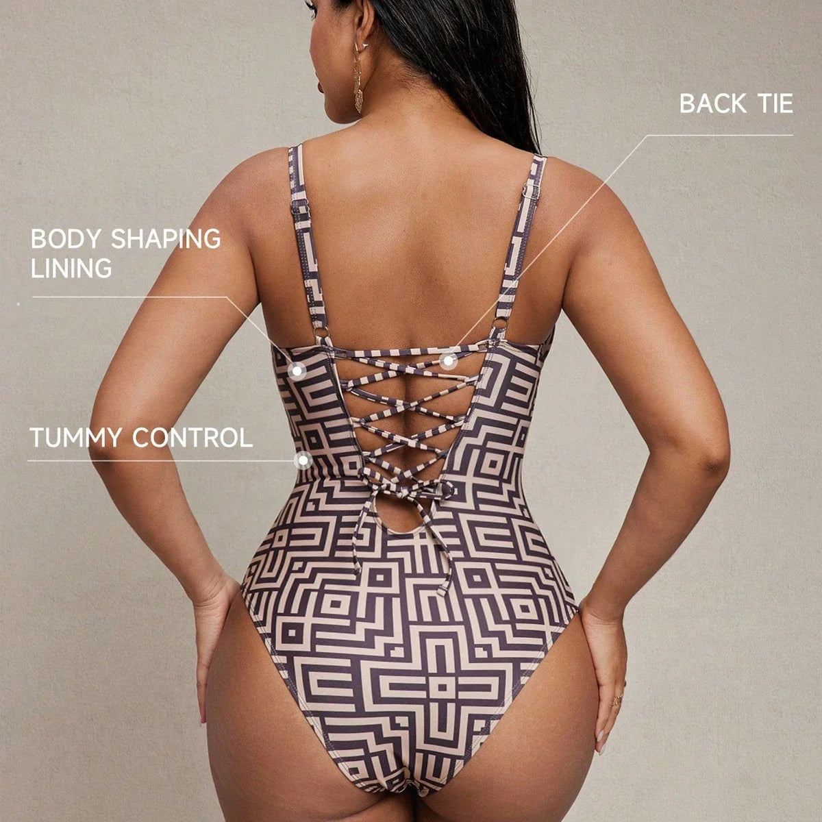 Daxiyee Coffee Geometry Lace-Up Swimsuit
