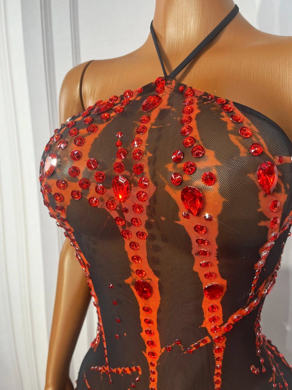 The Crimson Spotlight Rhinestone Halter Gown