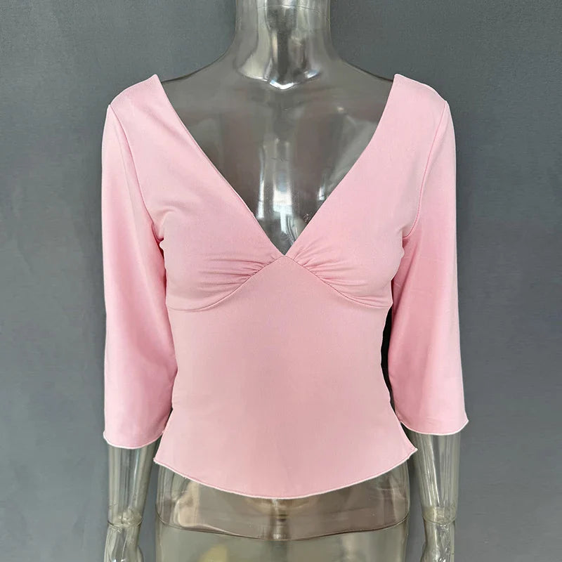 Deep V-Neck Ruched Bust Crop Top with Three-Quarter Sleeves