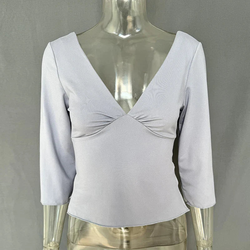 Deep V-Neck Ruched Bust Crop Top with Three-Quarter Sleeves