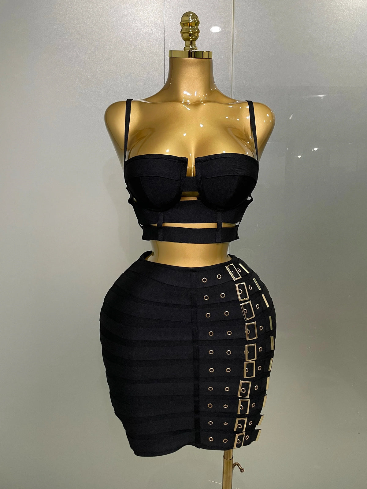 Sculpted Buckle Bandage Bustier & Multi-Buckle Grommet Hardware Bandage Mini Skirt Set