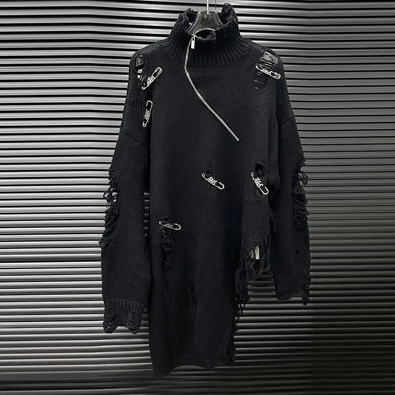 Distressed Turtleneck Diagonal Zip Knit Sweater | Ripped Oversized