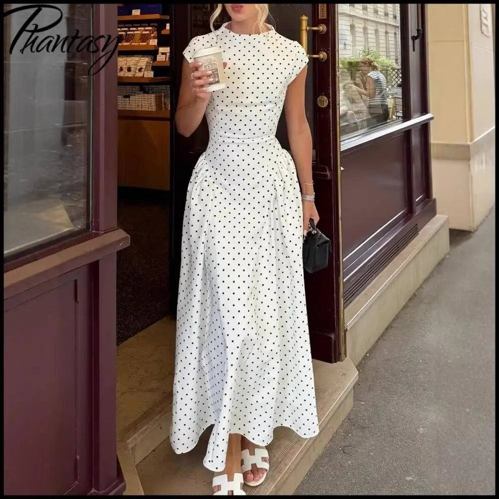 Polka Dot Round Neck Cap Sleeve Corset Waist A-Line Pleated Midi Dress