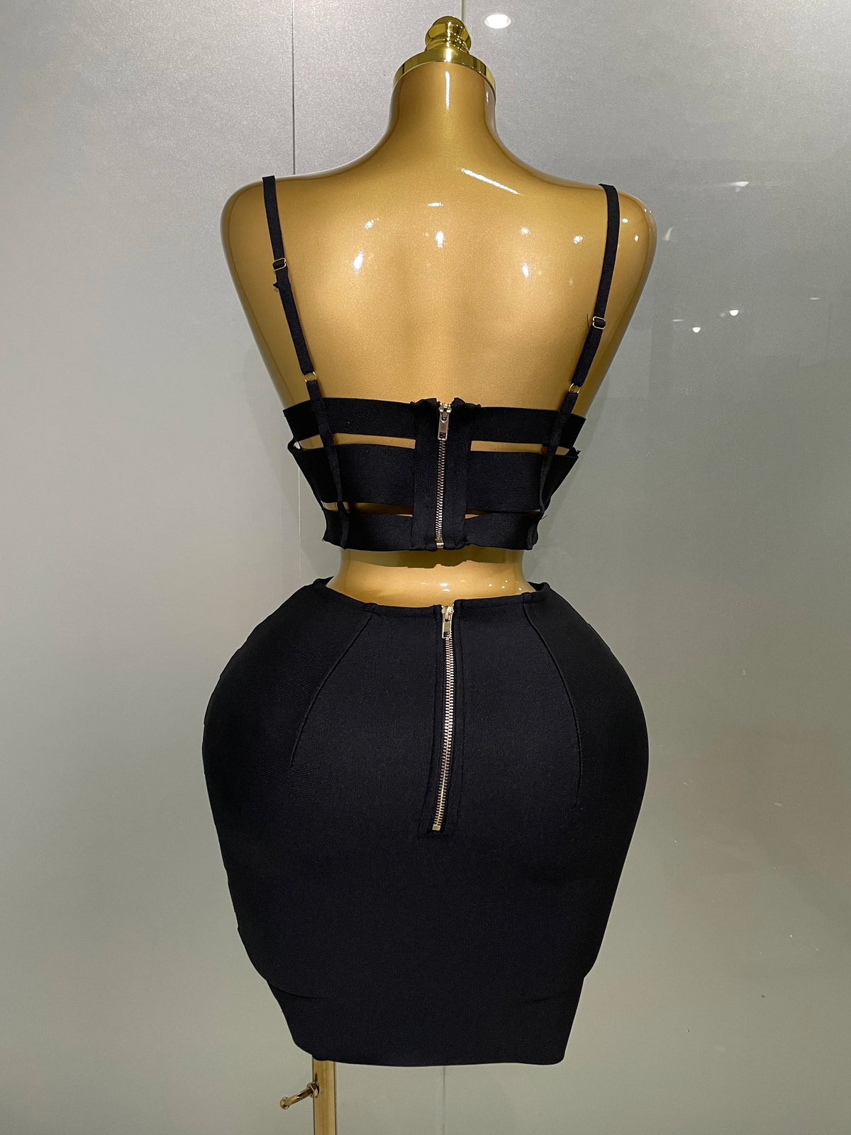Sculpted Buckle Bandage Bustier & Multi-Buckle Grommet Hardware Bandage Mini Skirt Set