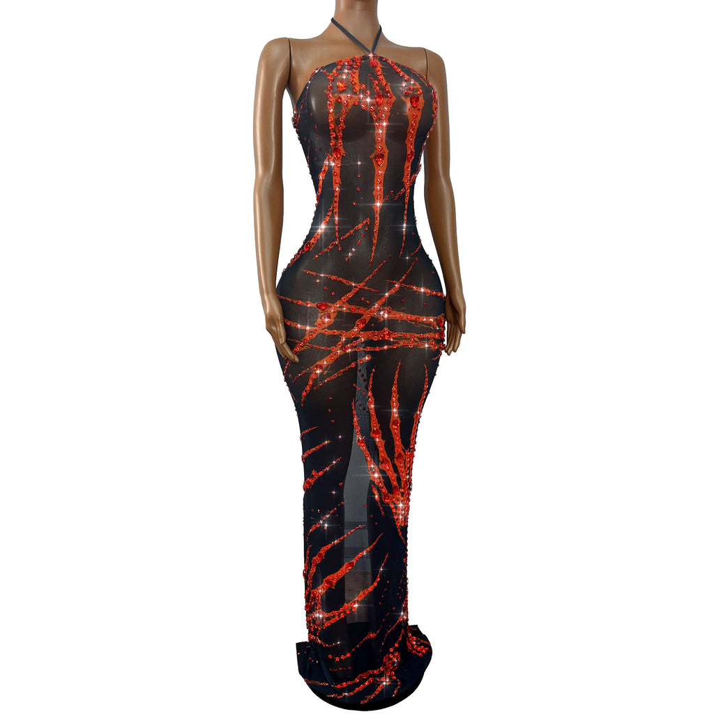 The Crimson Spotlight Rhinestone Halter Gown