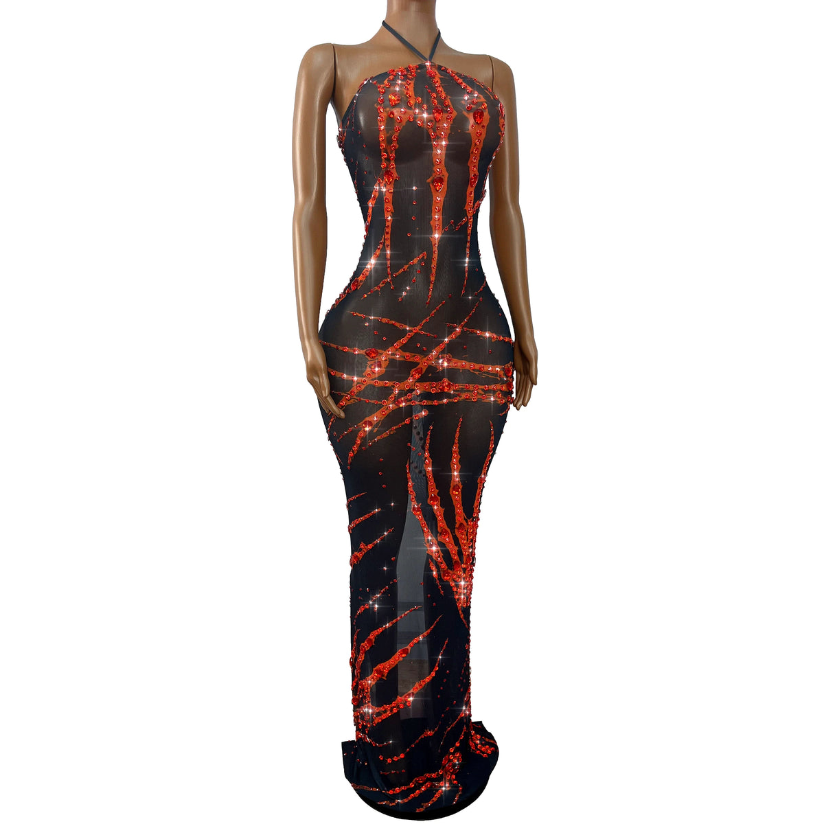 The Crimson Spotlight Rhinestone Halter Gown