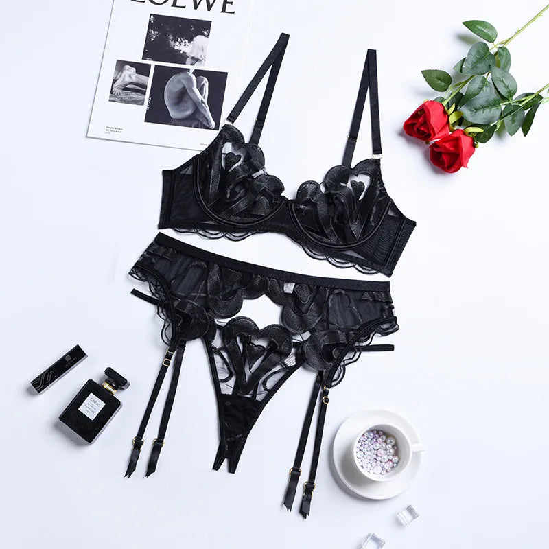The Mesh Embroidery Garter Lingerie Set