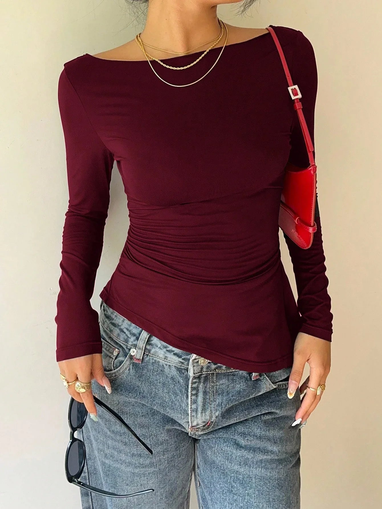 Long-Sleeve Lace Back Bow Top with Asymmetric Hem