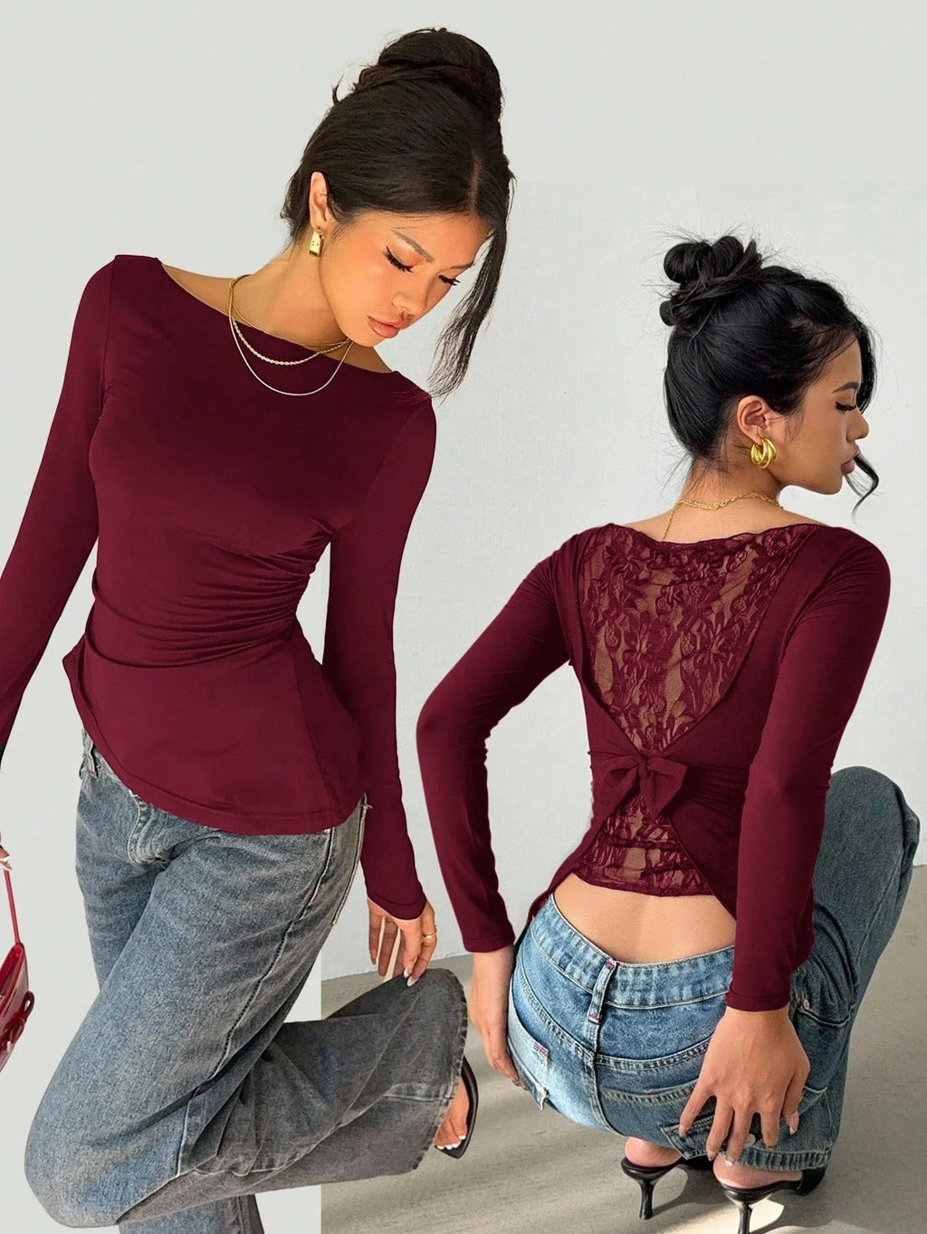 Long-Sleeve Lace Back Bow Top with Asymmetric Hem