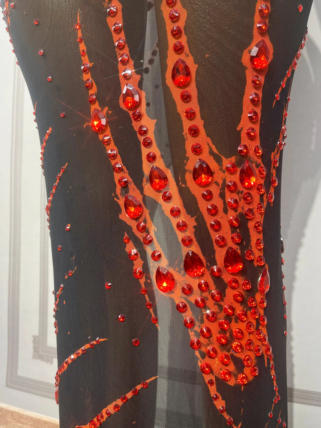 The Crimson Spotlight Rhinestone Halter Gown