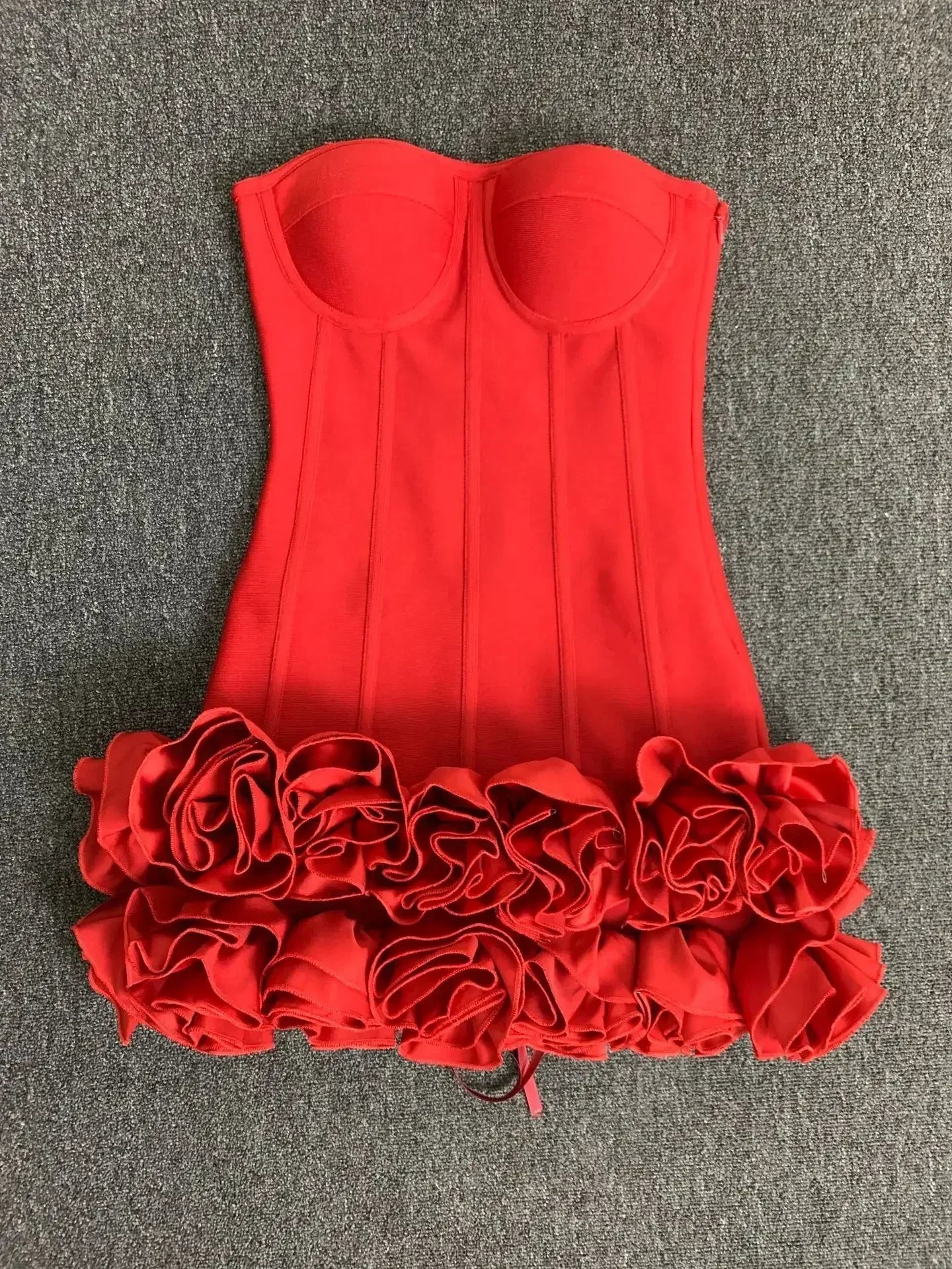 Strapless Bustier Mini Dress | 3D Floral Ruffle Hem Bandage Bodycon