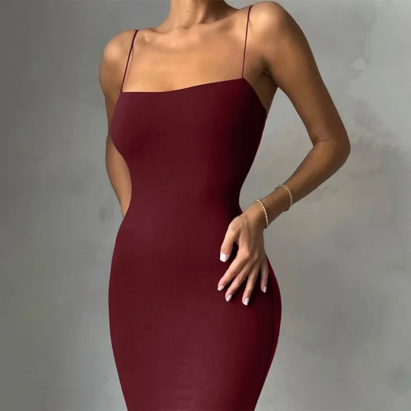 Square Neck Spaghetti Strap Backless Bodycon Maxi Dress