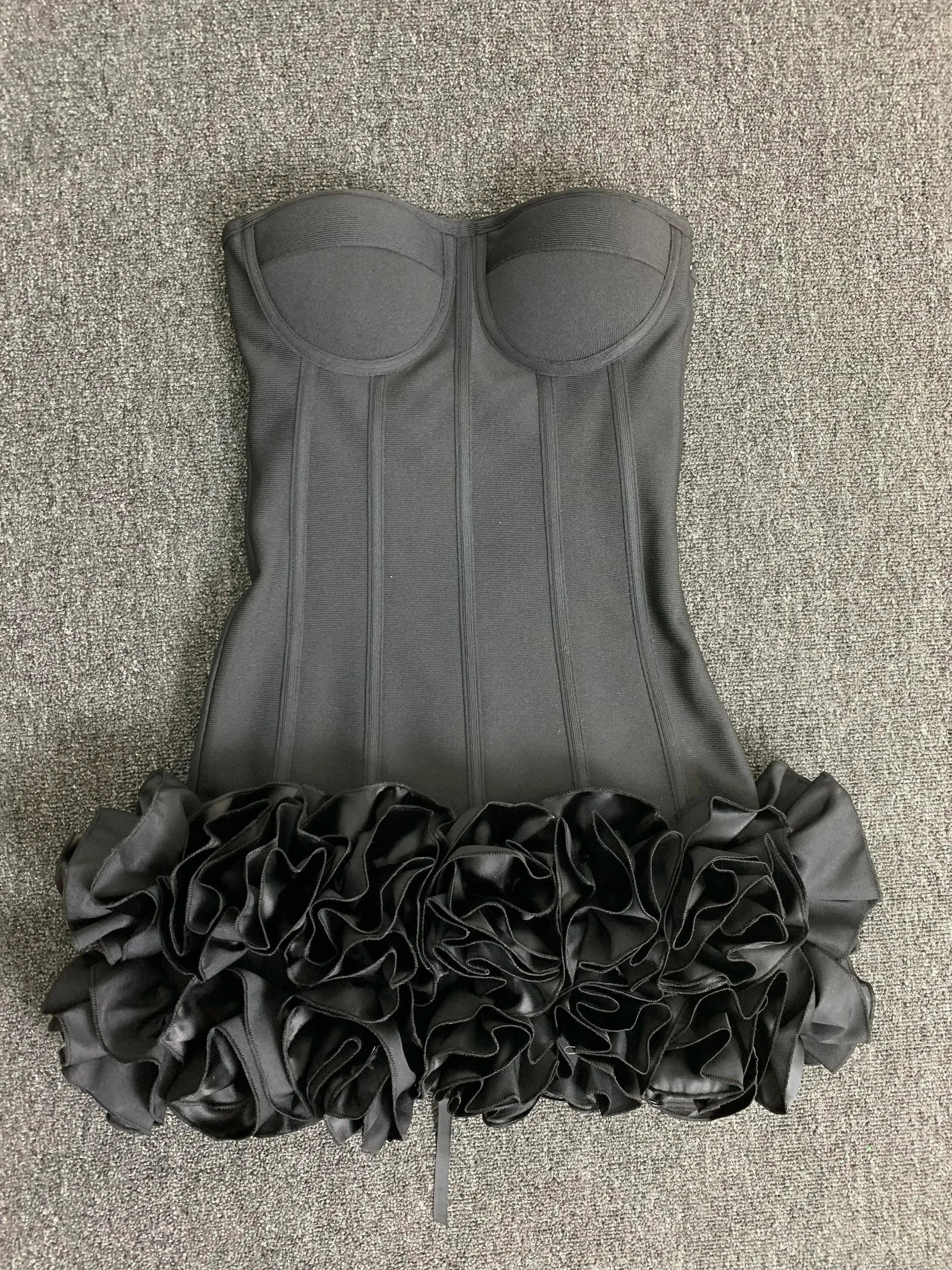 Strapless Bustier Mini Dress | 3D Floral Ruffle Hem Bandage Bodycon